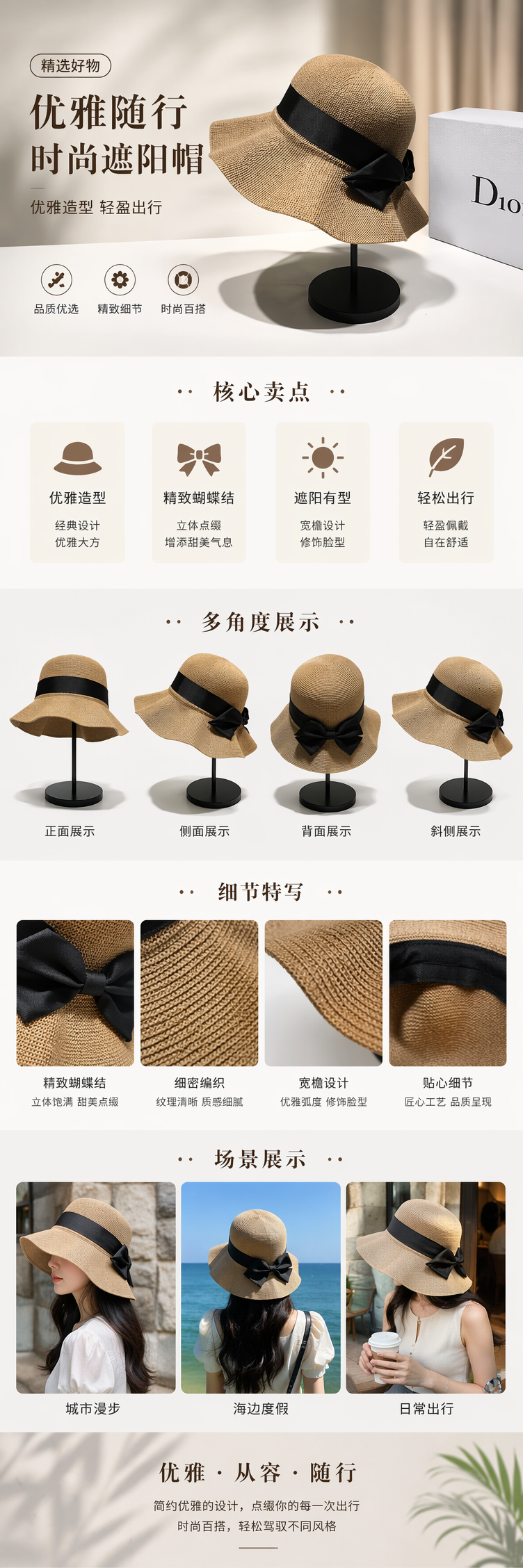 米色编织宽檐帽配黑色丝带蝴蝶结女士夏季防晒帽详情1