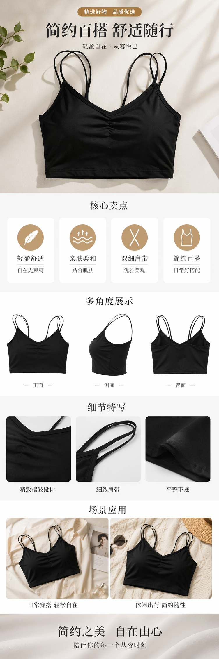 黑色吊带背心女夏季薄款冰丝透气打底衫详情1