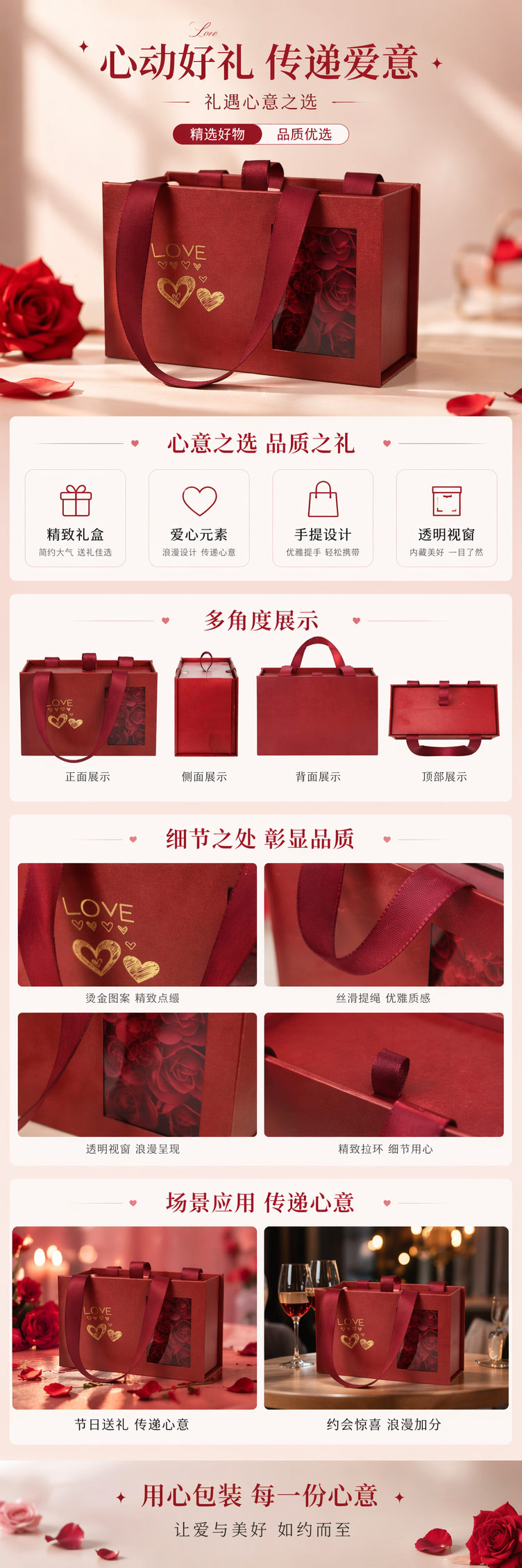 红色礼盒带金色LOVE字样心形图案配酒红色丝带提手详情1
