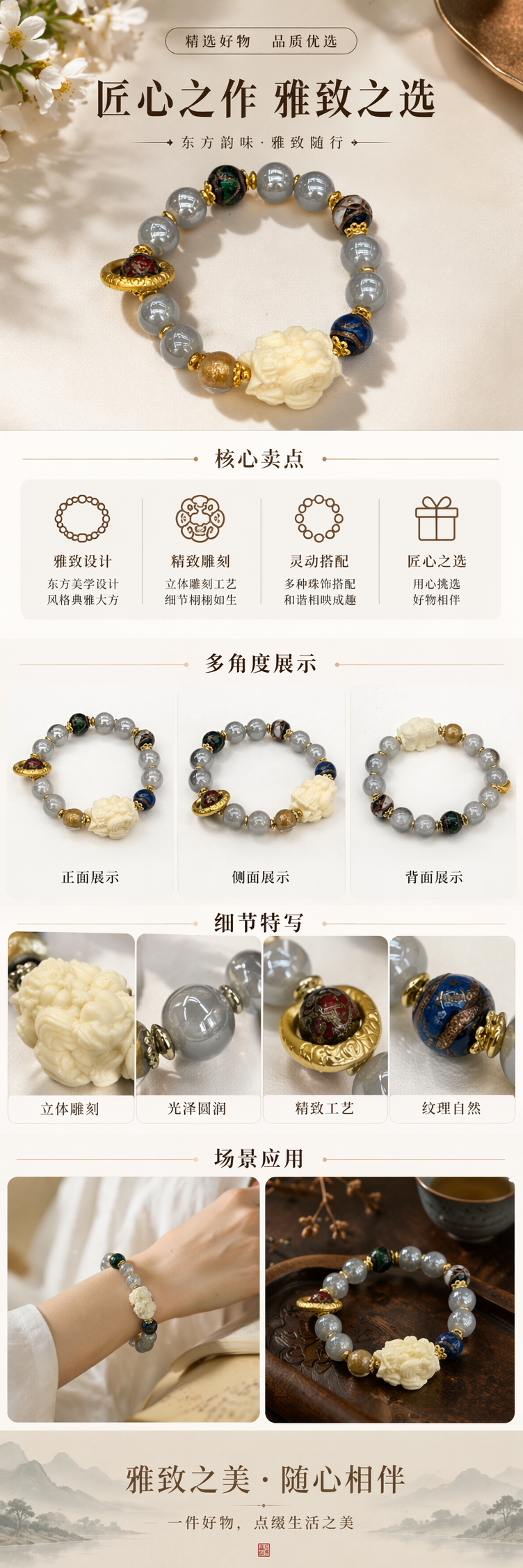 灰白珠串手链 白色貔貅雕件 彩色琉璃珠 金色金属隔珠详情1