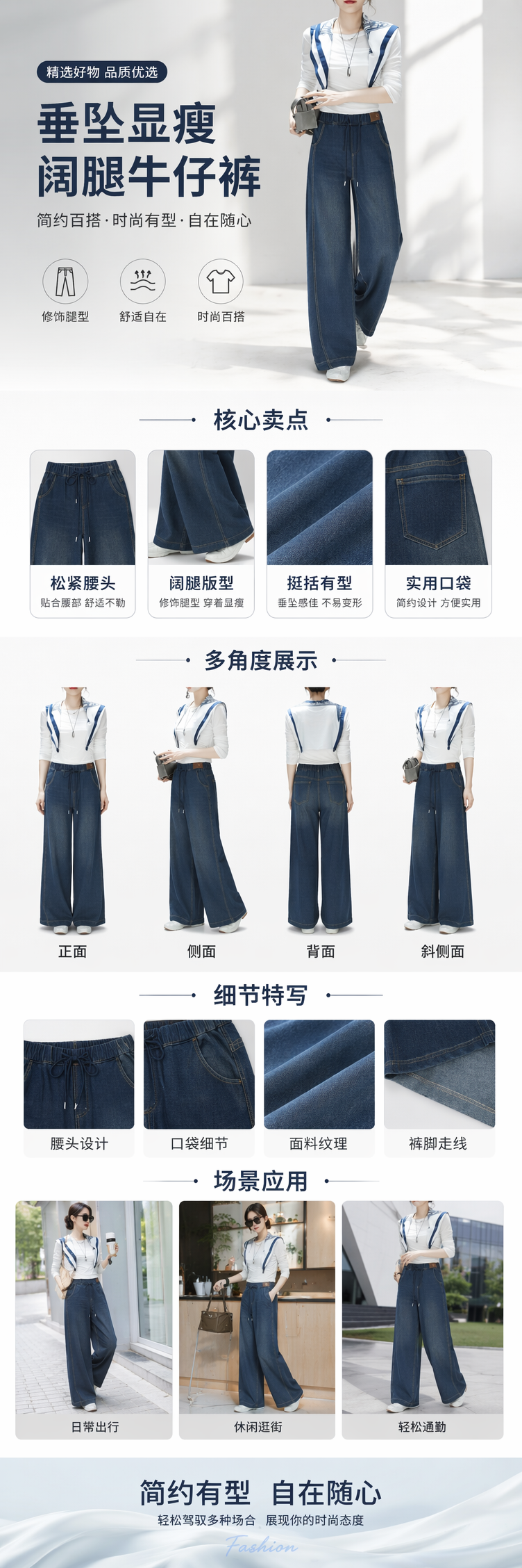 深蓝色阔腿牛仔裤女纯棉直筒垂感显高休闲穿搭详情1