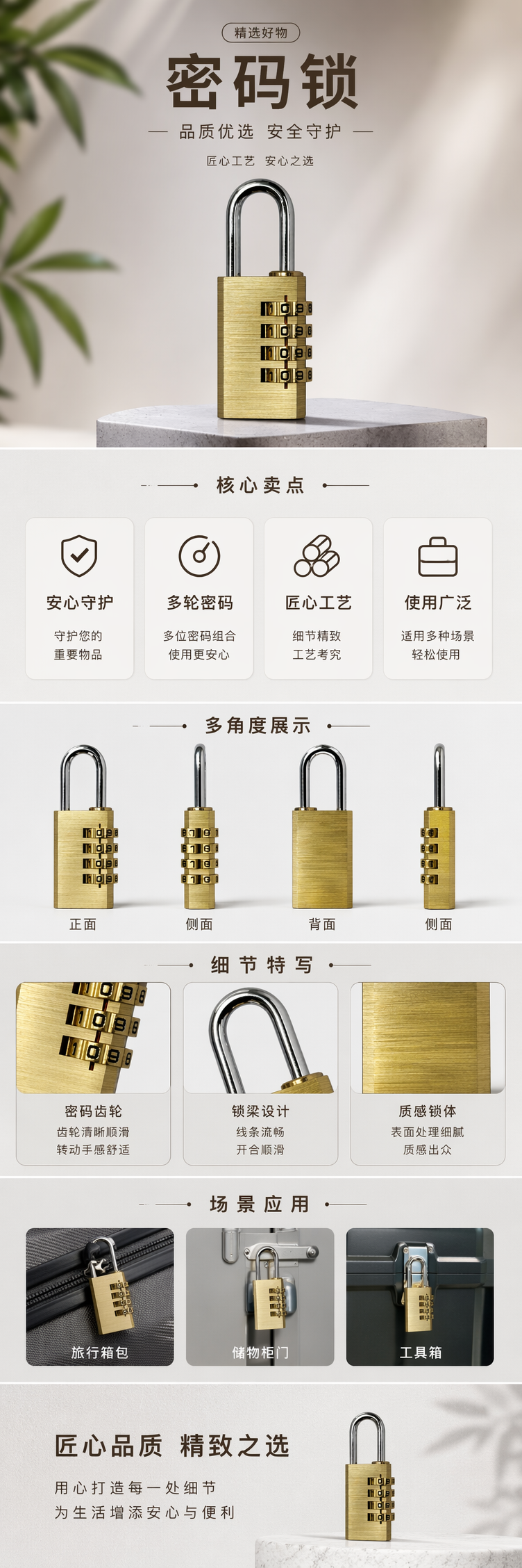 金色密码锁黄铜防撬挂锁 旅行行李箱专用静音设计 pic 1