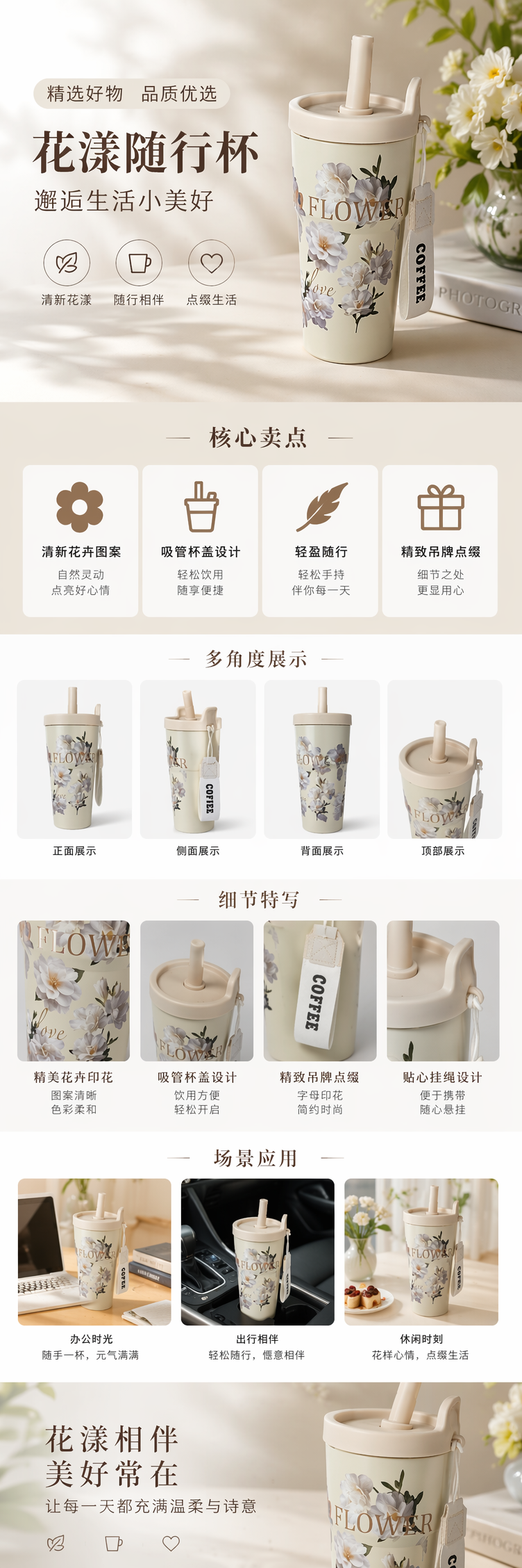 米色花卉图案陶瓷水杯 350ml 防烫便携办公家用 pic 1