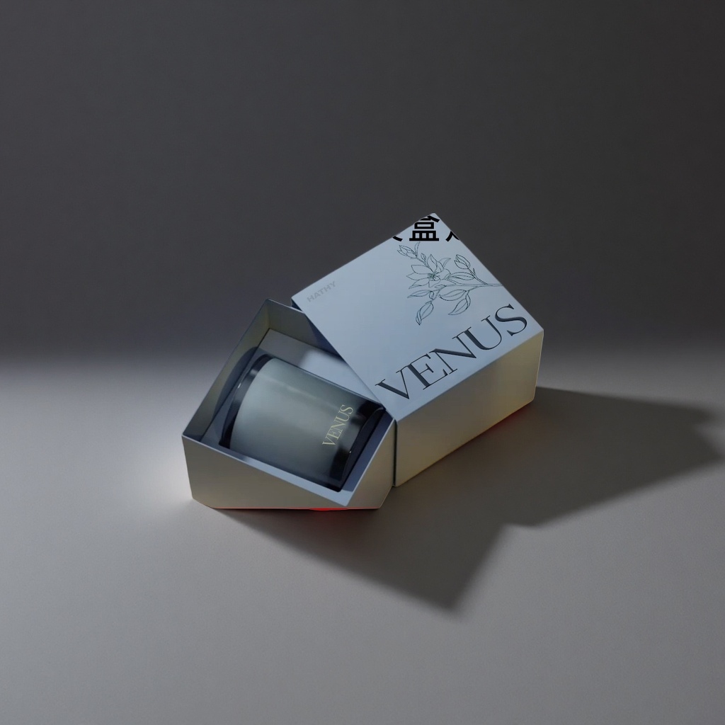 VENUS black cylindrical item, packed in a grey paper box with a floral line lid