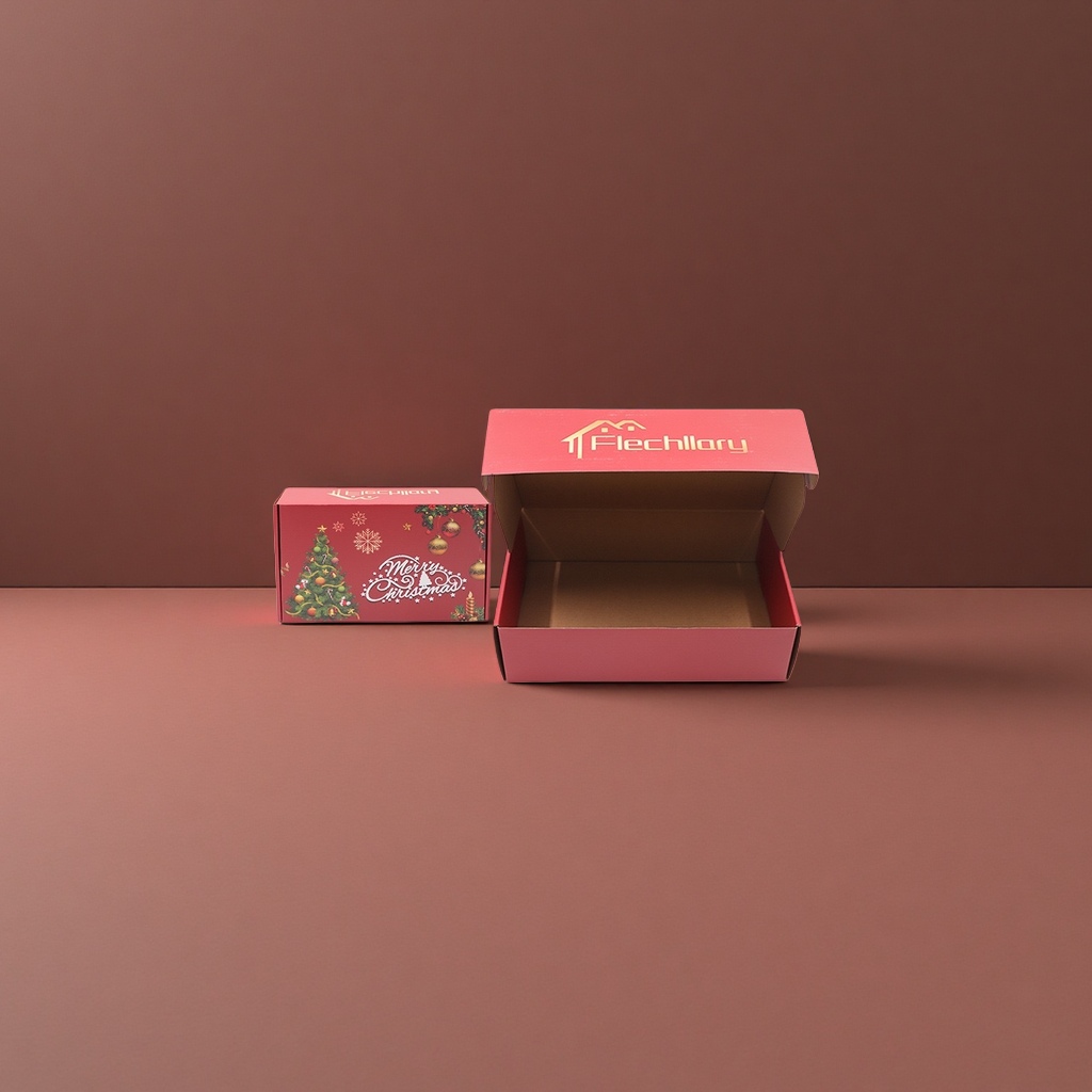 Red cowhide corrugated airplane box with Christmas theme printing and brand logo, open lid display details Picture