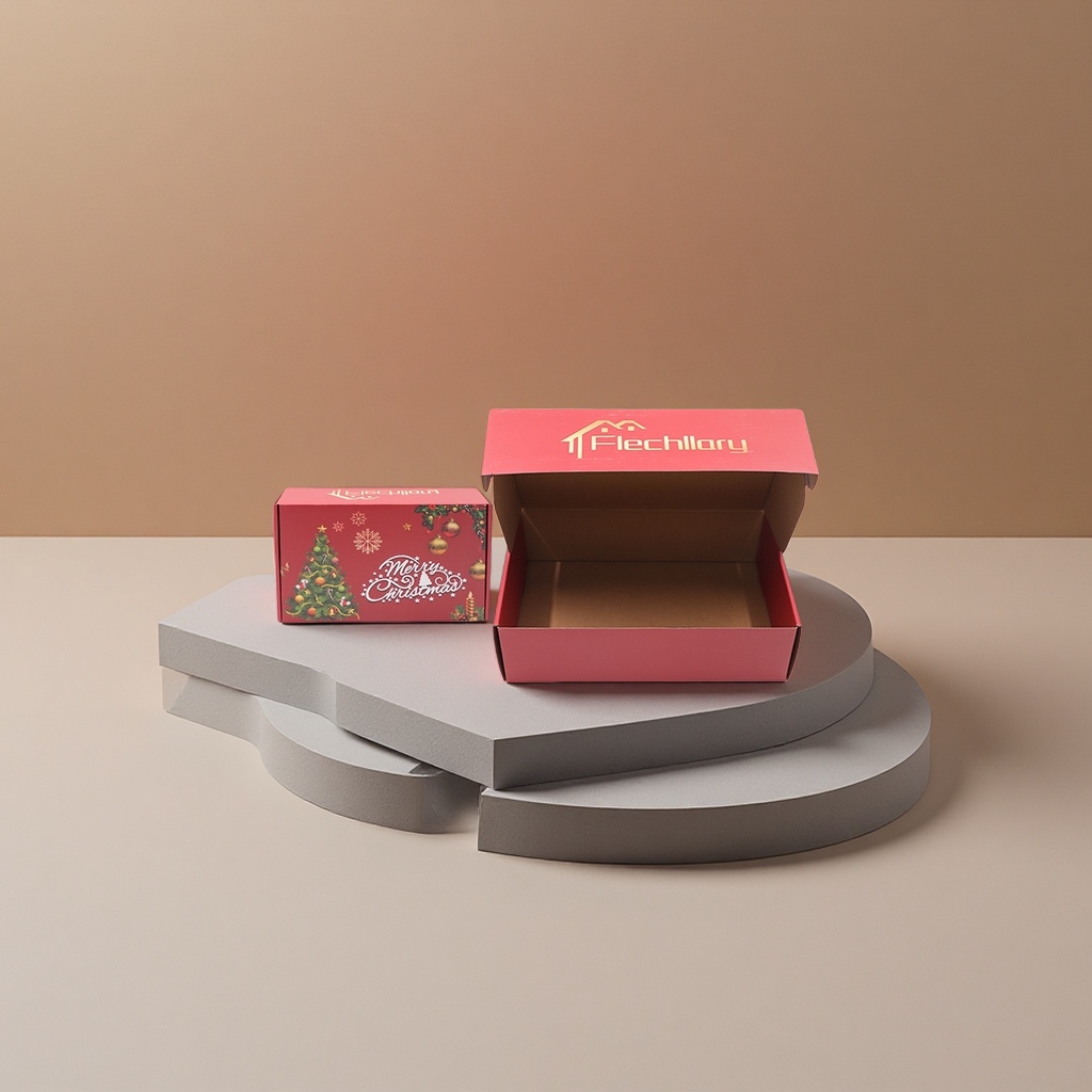 Red cowhide corrugated airplane box with Christmas theme printing and brand logo, open lid display Specification image