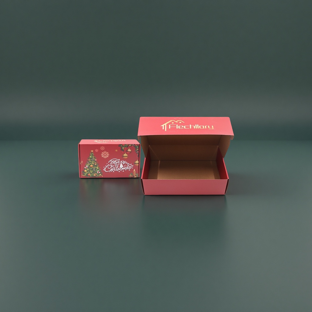 Red cowhide corrugated airplane box with Christmas theme printing and brand logo, open lid display Application Scenario