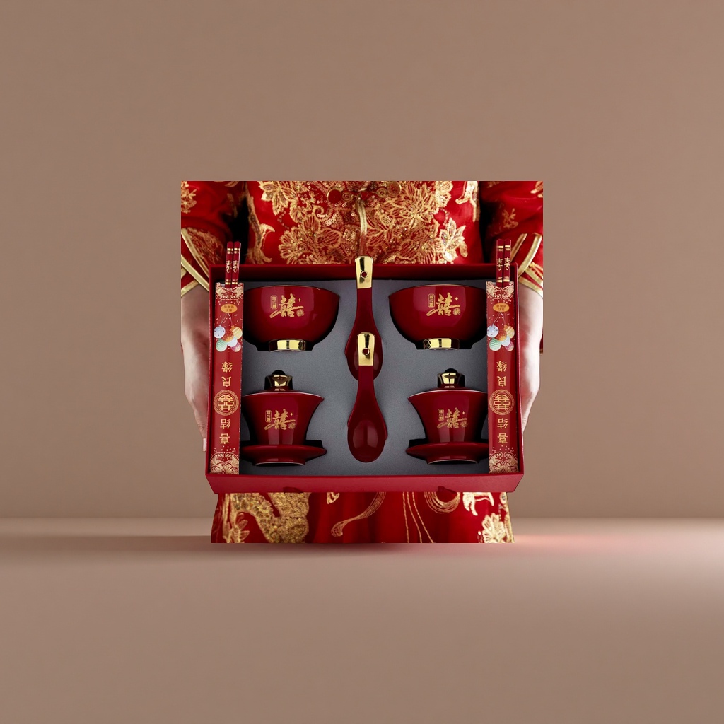 Red festive tableware set, ceramic bowls, plates, chopsticks and spoons four-piece set for newlyweds moving into a new home details Picture