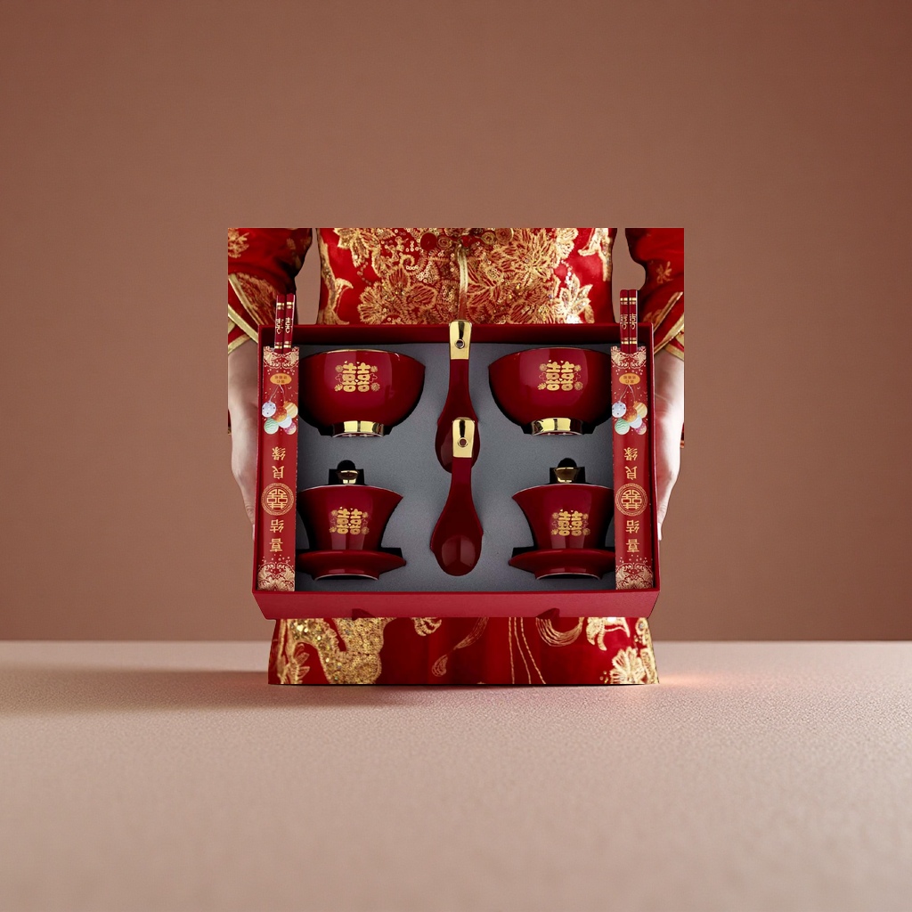 Red festive tableware set, ceramic bowls, plates, chopsticks and spoons four-piece set for newlyweds moving into a new home Specification image