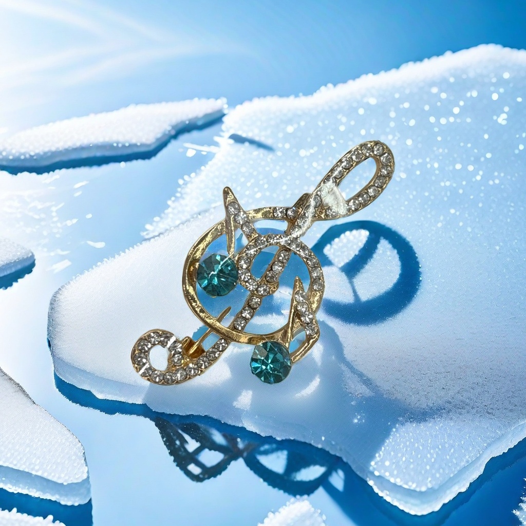 A golden note-shaped brooch set with blue and green transparent rhinestones and fashionable jewelry, wrapped in a white card details Picture