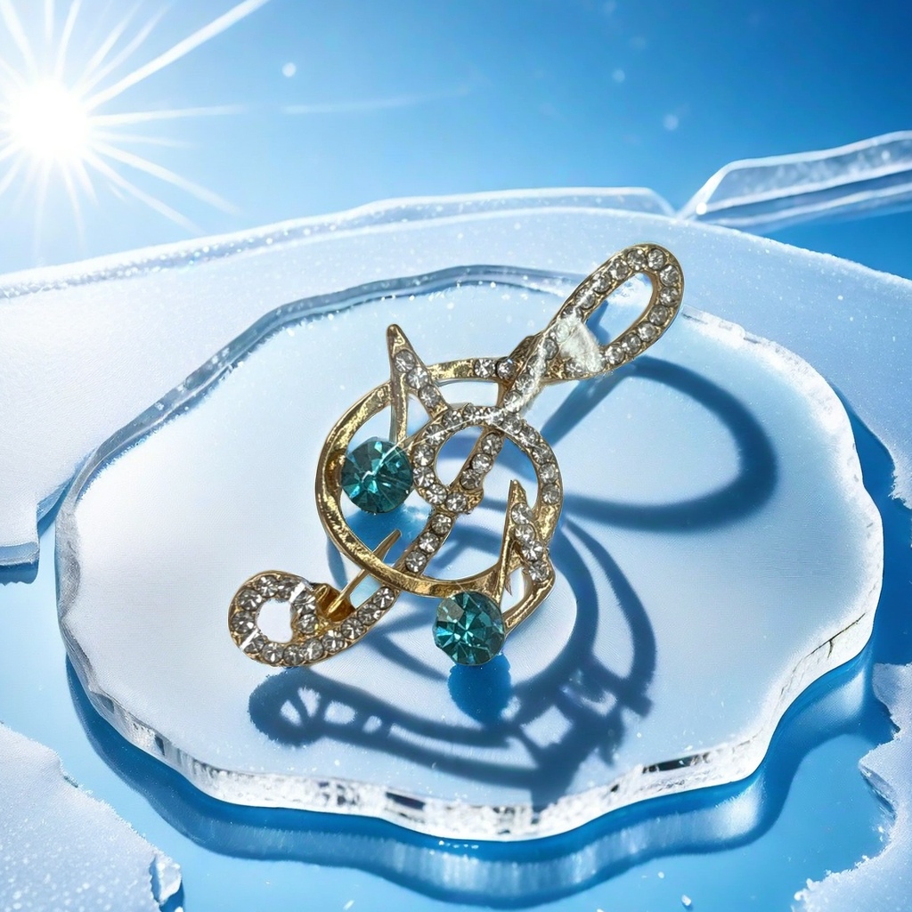 A golden note-shaped brooch set with blue and green transparent rhinestones and fashionable jewelry, wrapped in a white card
