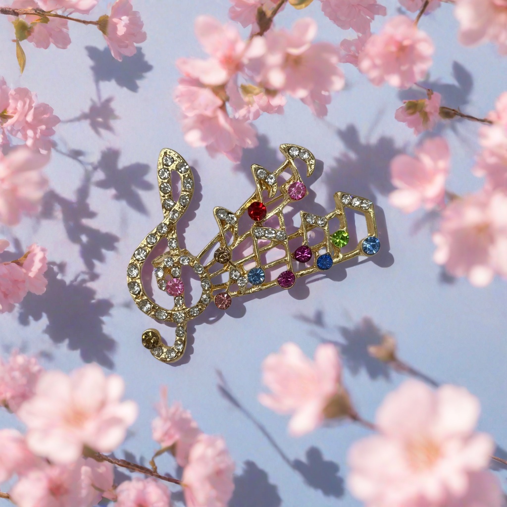 A golden note-shaped brooch set with colorful transparent rhinestones, fashionable jewelry and a white card