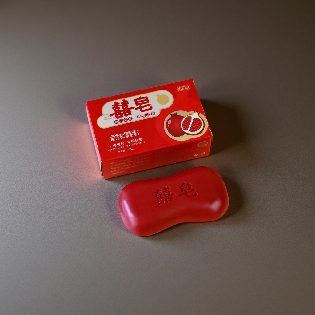 Red soap with packaging box, a household bath product for cleaning, moisturizing and gentle skin care details Picture
