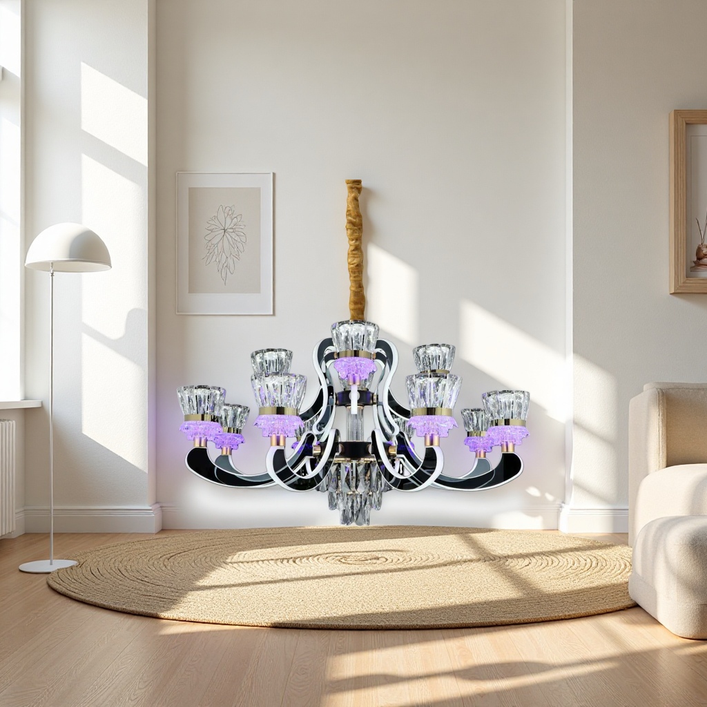 Purple light crystal chandelier, modern and simple living room and bedroom ceiling lamp, Nordic style Application Scenario