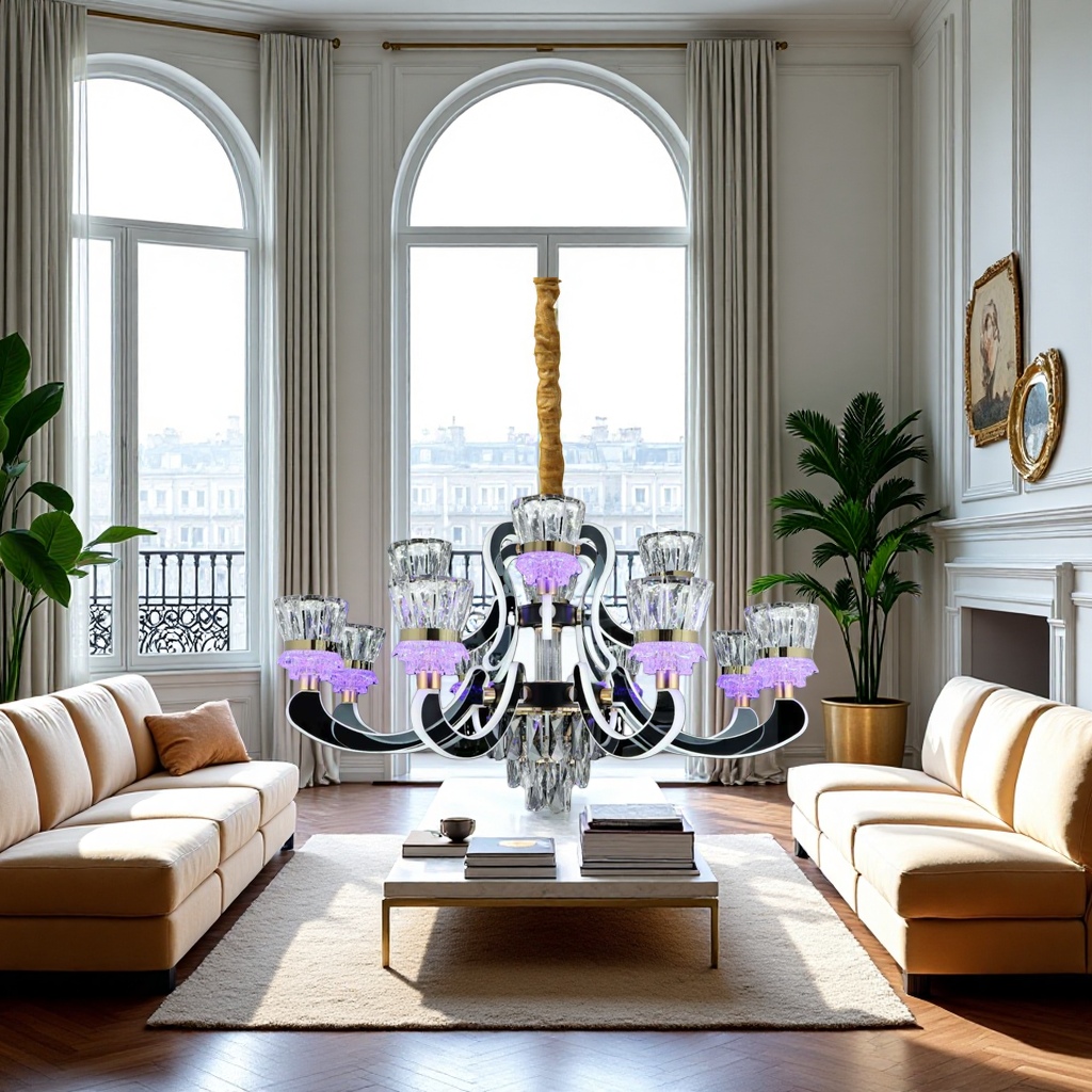 Purple light crystal chandelier, modern and simple living room and bedroom ceiling lamp, Nordic style details Picture