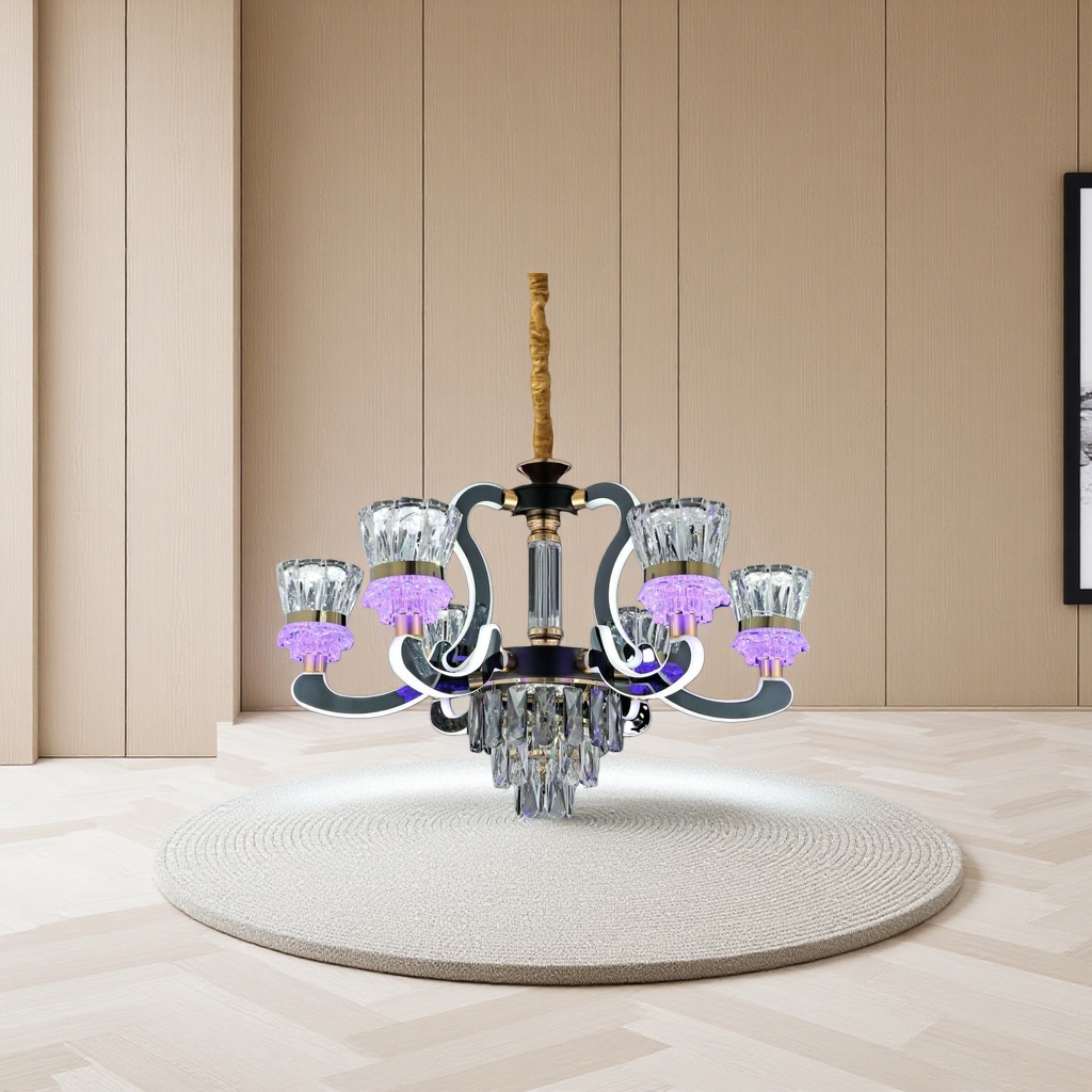 The black base crystal chandelier has a purple light effect Application Scenario