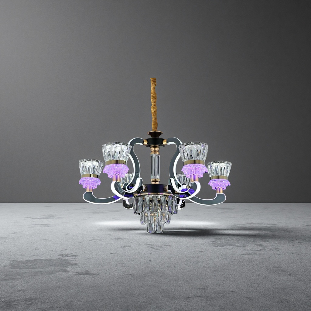 The black base crystal chandelier has a purple light effect Specification image