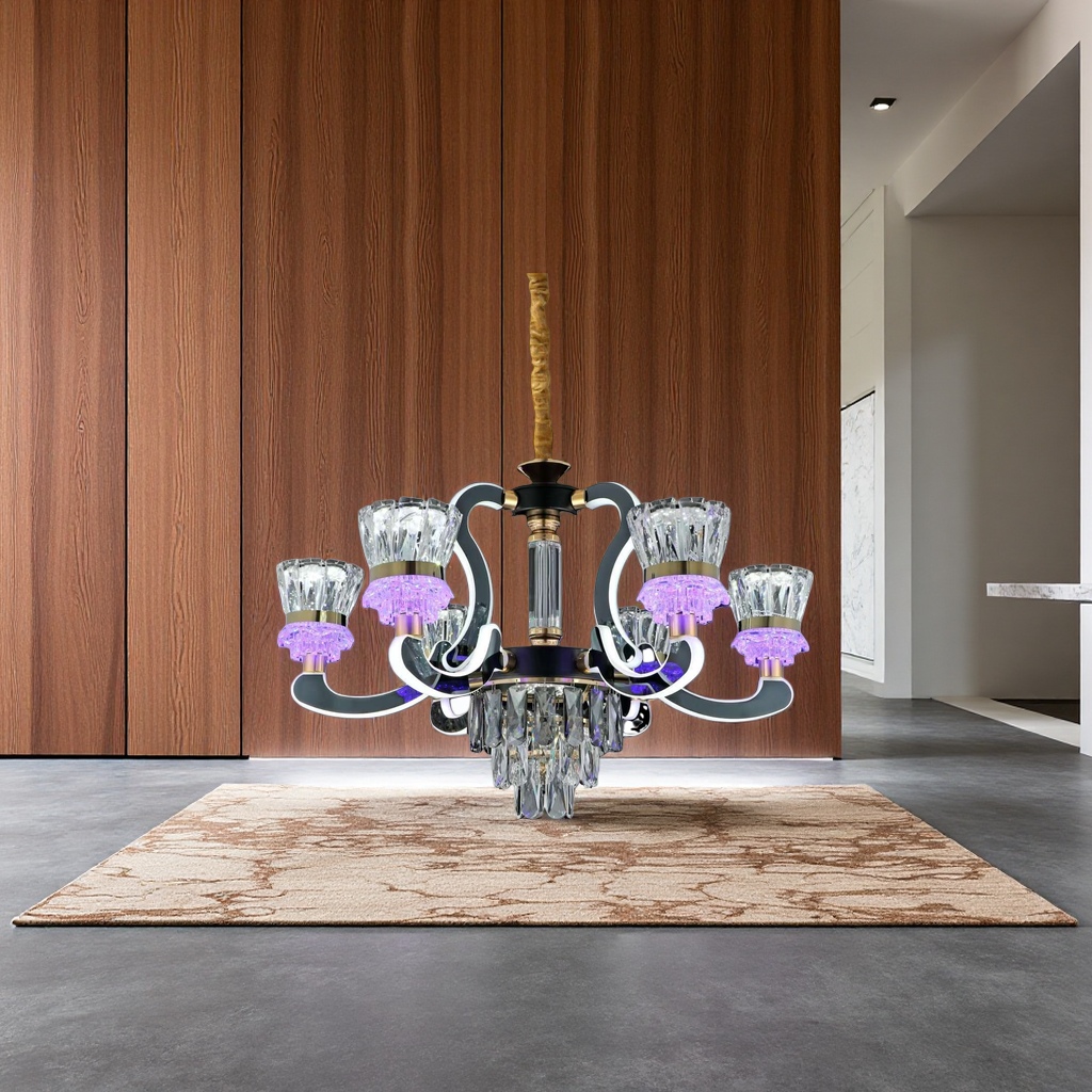 The black base crystal chandelier has a purple light effect details Picture