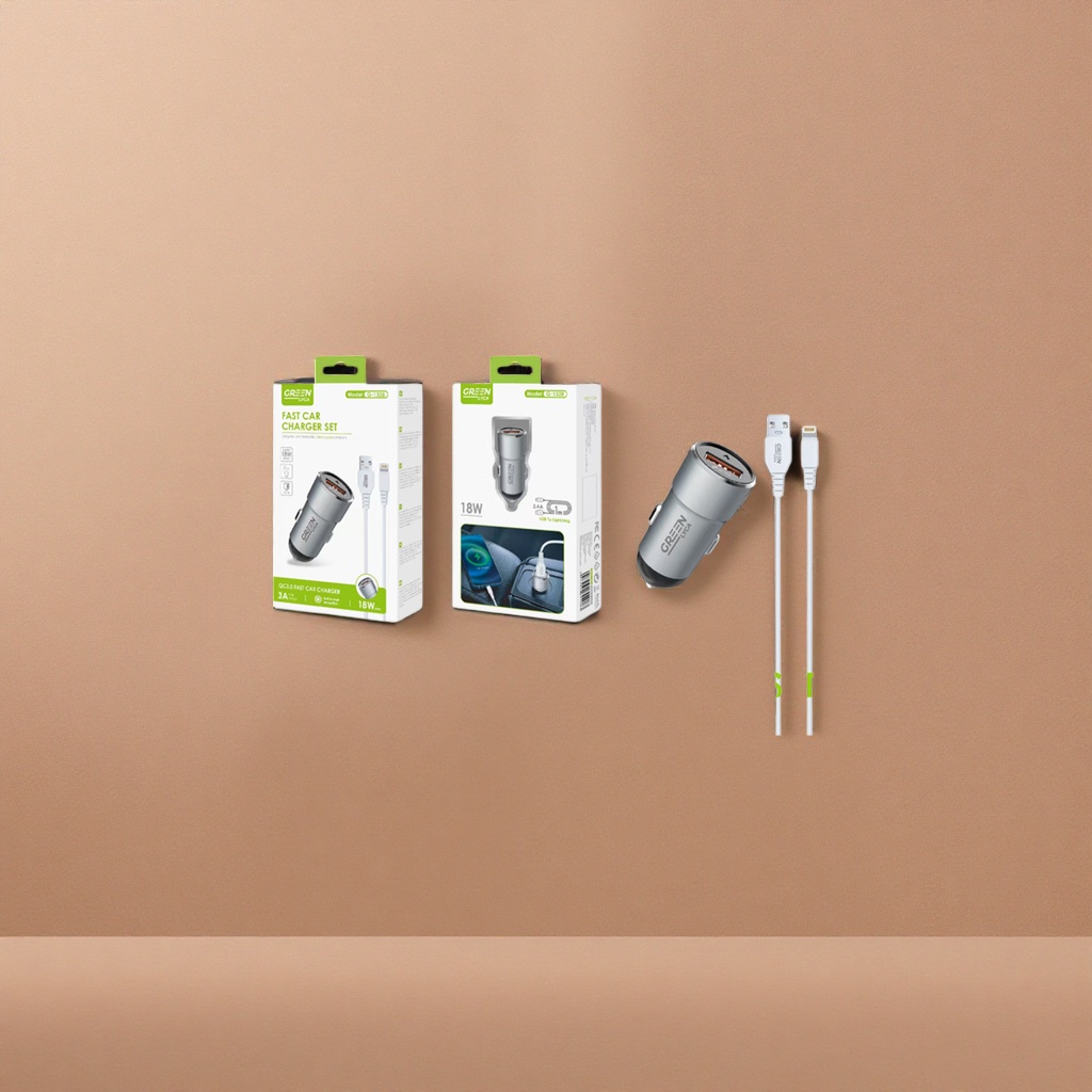 The silver car charger with a white USB cable for fast charging is compatible with multiple devices