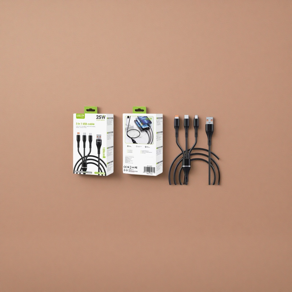 Black braided 3-in-1 USB charging cable and fast charging data cable compatible with Apple and Android Type-C Application Scenario