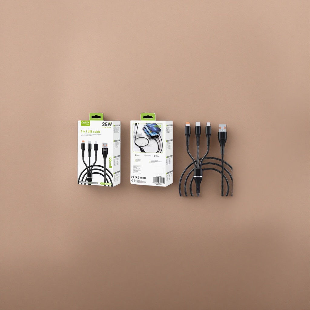 Black braided 3-in-1 USB charging cable and fast charging data cable compatible with Apple and Android Type-C details Picture