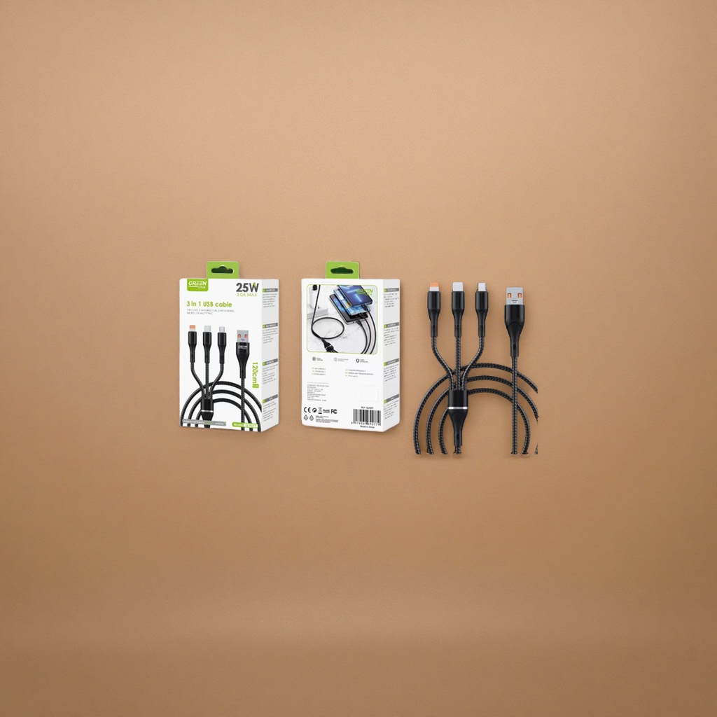 Black braided 3-in-1 USB charging cable and fast charging data cable compatible with Apple and Android Type-C Specification image