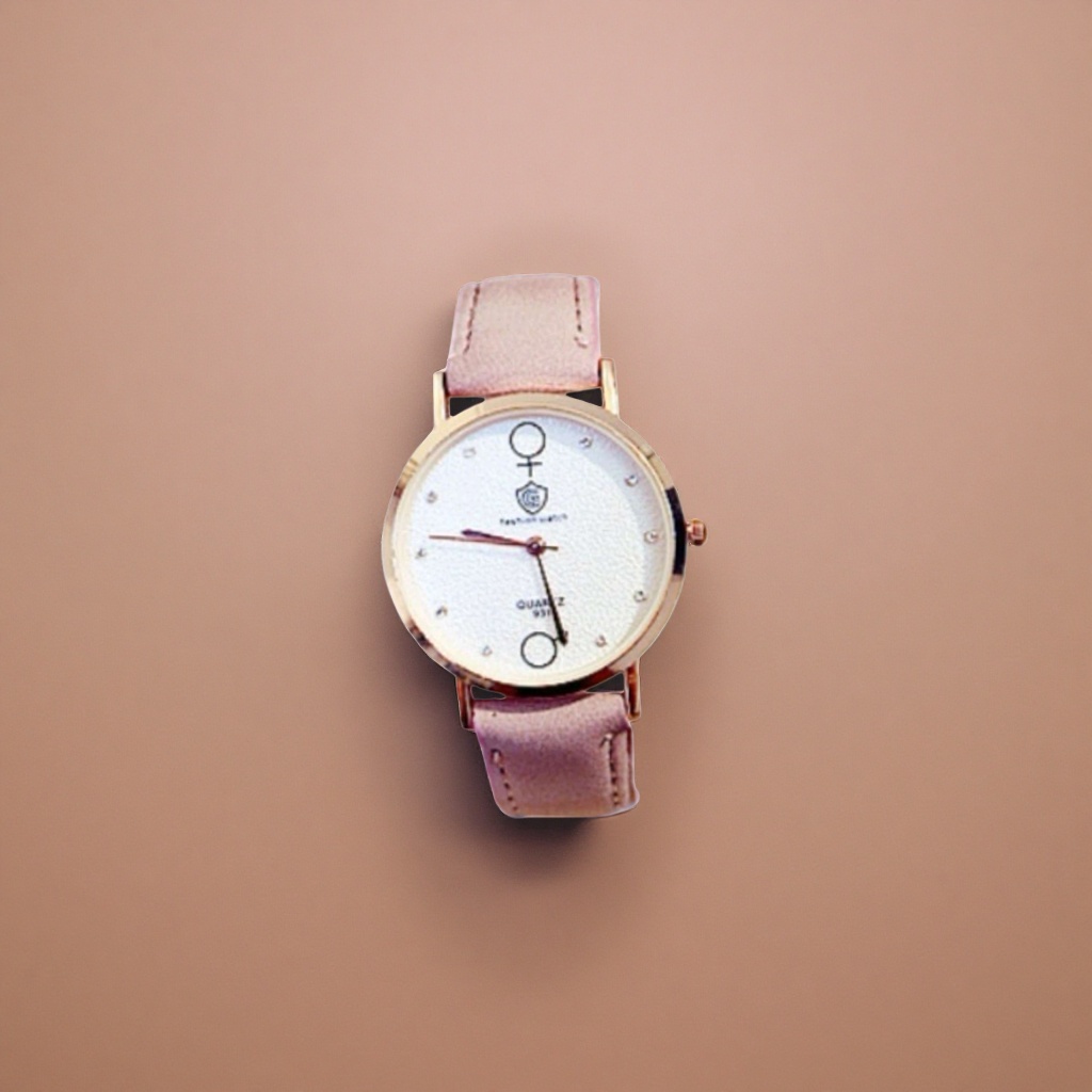 A fashionable quartz watch for women with a pink strap and golden bezel details Picture