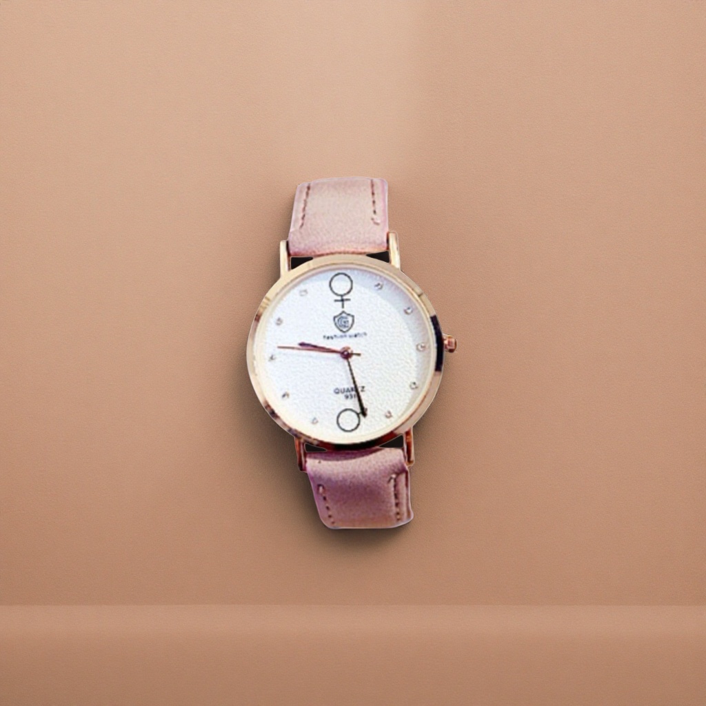 A fashionable quartz watch for women with a pink strap and golden bezel