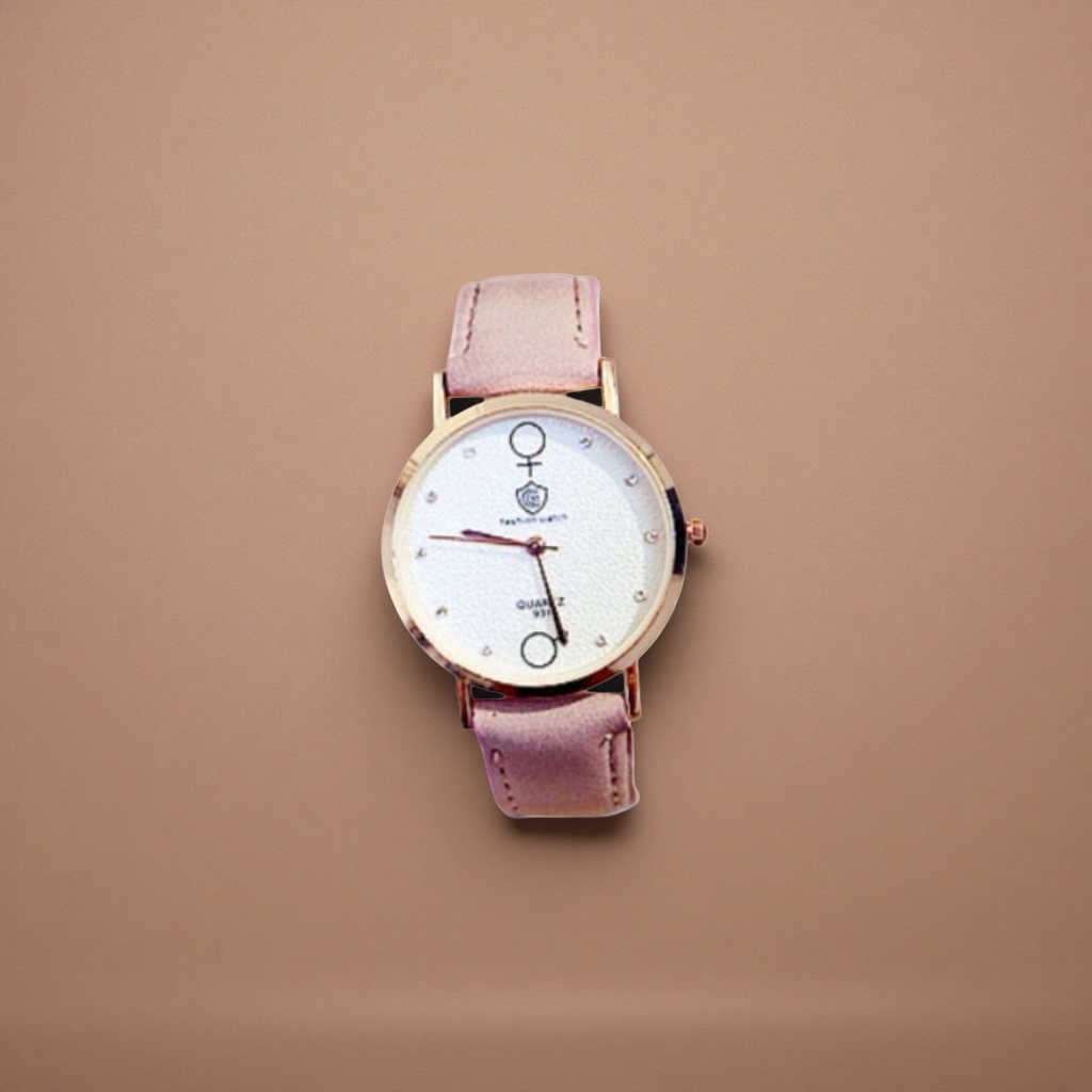 A fashionable quartz watch for women with a pink strap and golden bezel Specification image