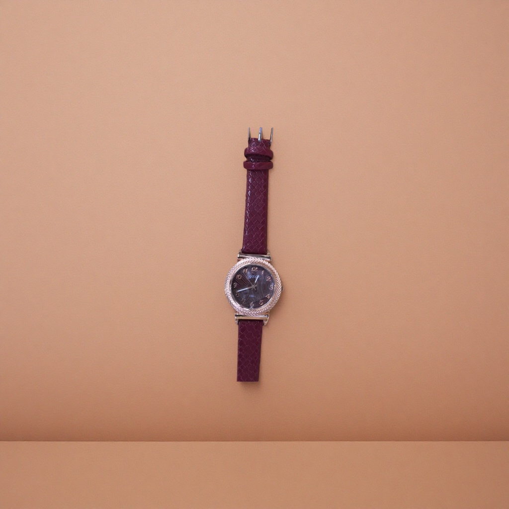 A simple quartz watch for ladies with a wine red strap and a genuine leather strap Specification image