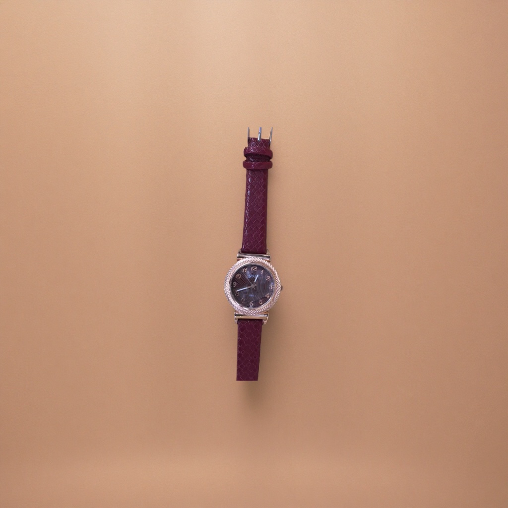 A simple quartz watch for ladies with a wine red strap and a genuine leather strap details Picture