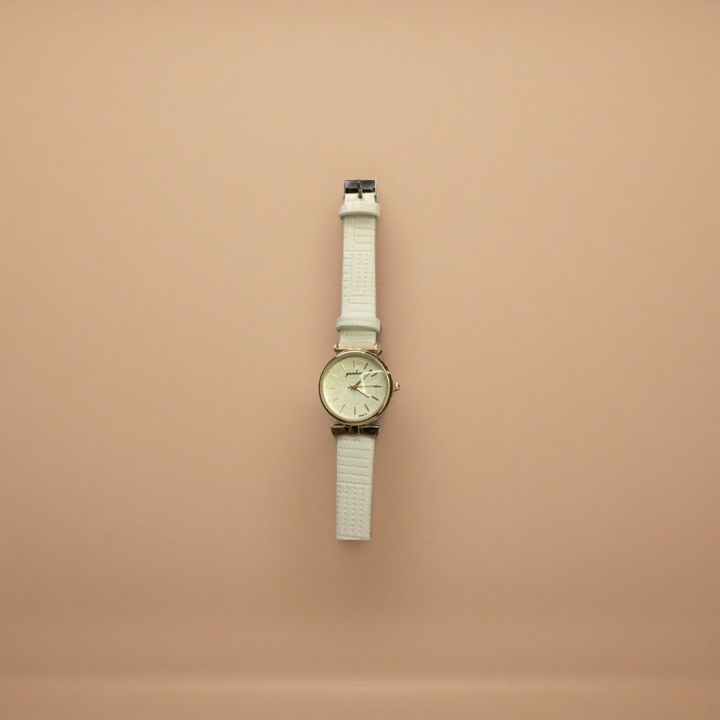 A simple, fashionable and lightweight quartz ladies' watch with a white strap and a golden case details Picture