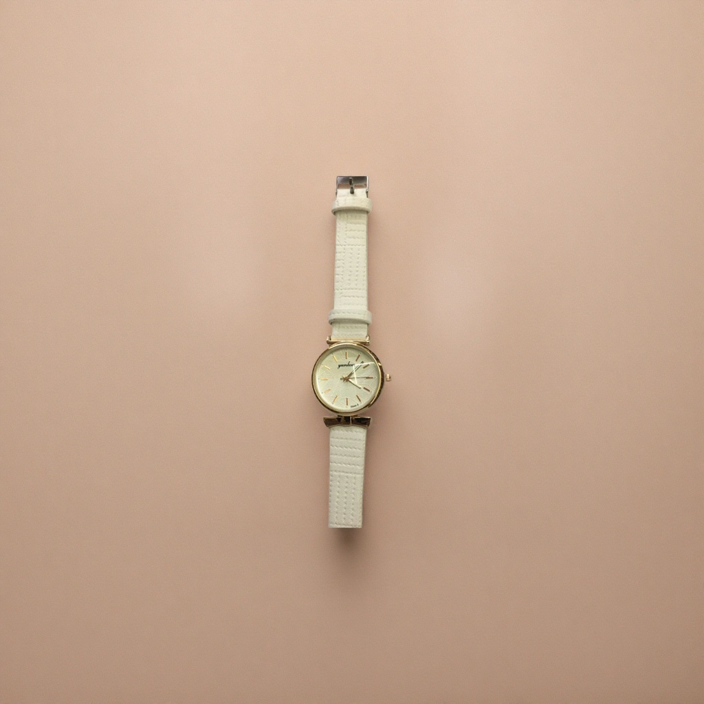 A simple, fashionable and lightweight quartz ladies' watch with a white strap and a golden case Specification image