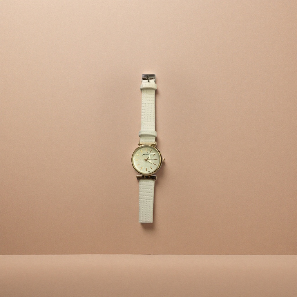 A simple, fashionable and lightweight quartz ladies' watch with a white strap and a golden case