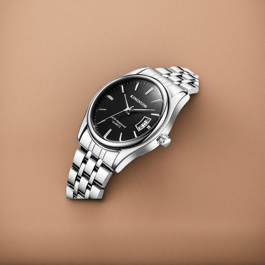 Серебристые металлические часы с чёрными часами Specification image