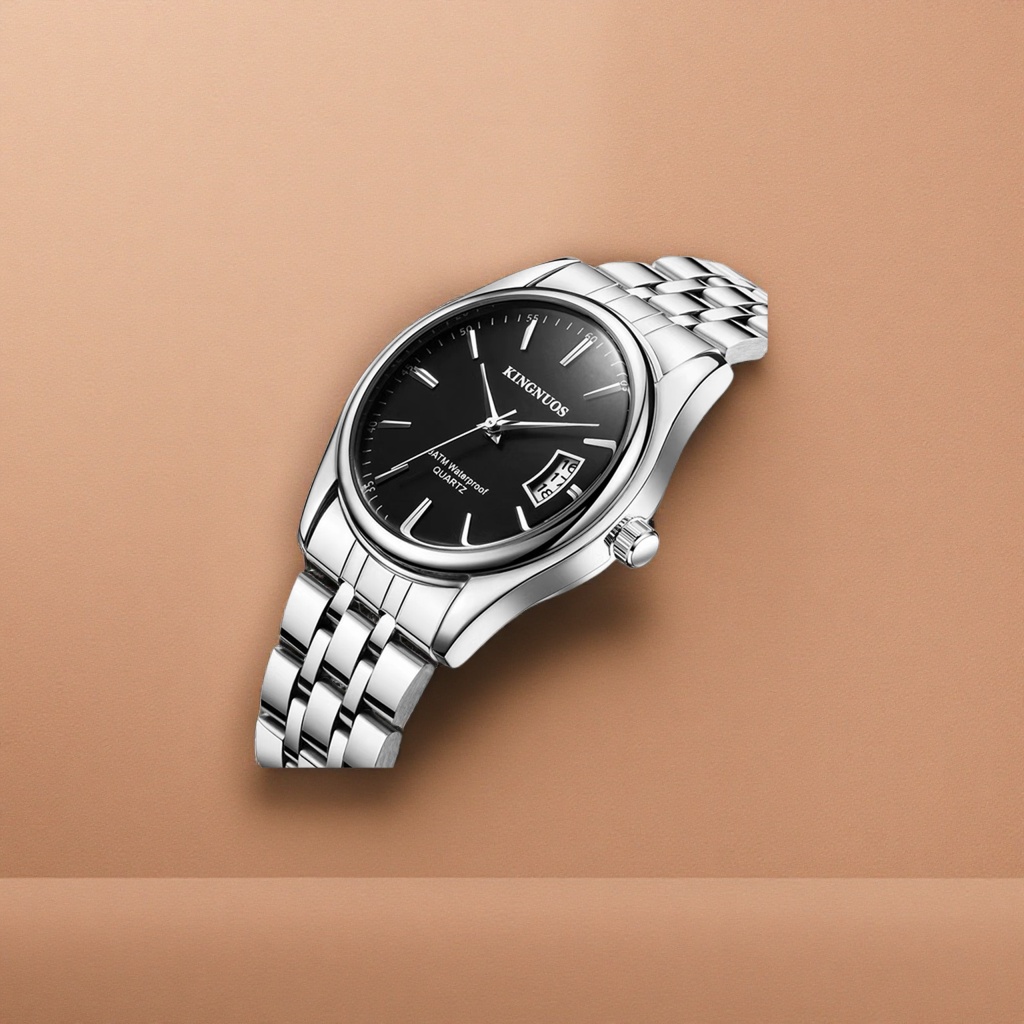 Men's watch with a silver metal strap and a black dial