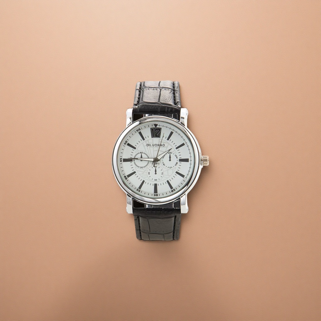 A watch with a silver case, black crocodile-patterned strap and a white dial Specification image