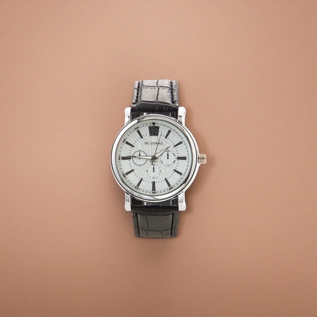 A watch with a silver case, black crocodile-patterned strap and a white dial Application Scenario