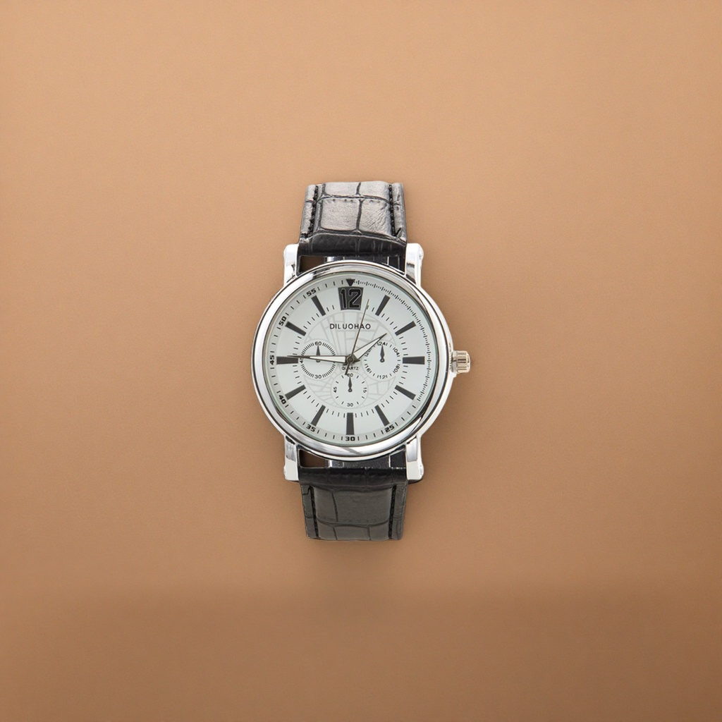A watch with a silver case, black crocodile-patterned strap and a white dial details Picture