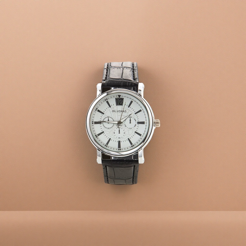 A watch with a silver case, black crocodile-patterned strap and a white dial
