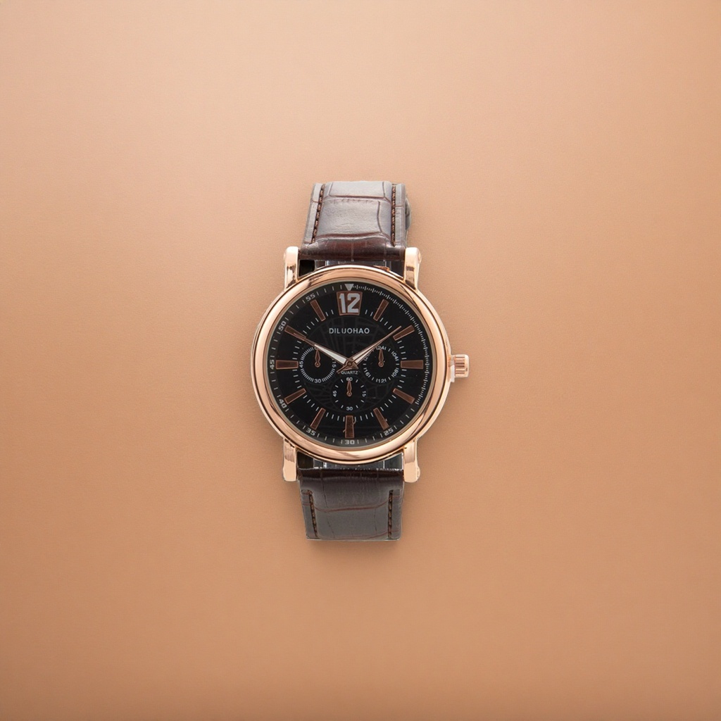 A rose gold case, black dial and brown leather strap watch details Picture