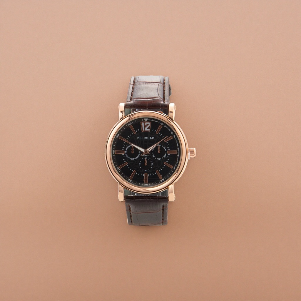 A rose gold case, black dial and brown leather strap watch Specification image
