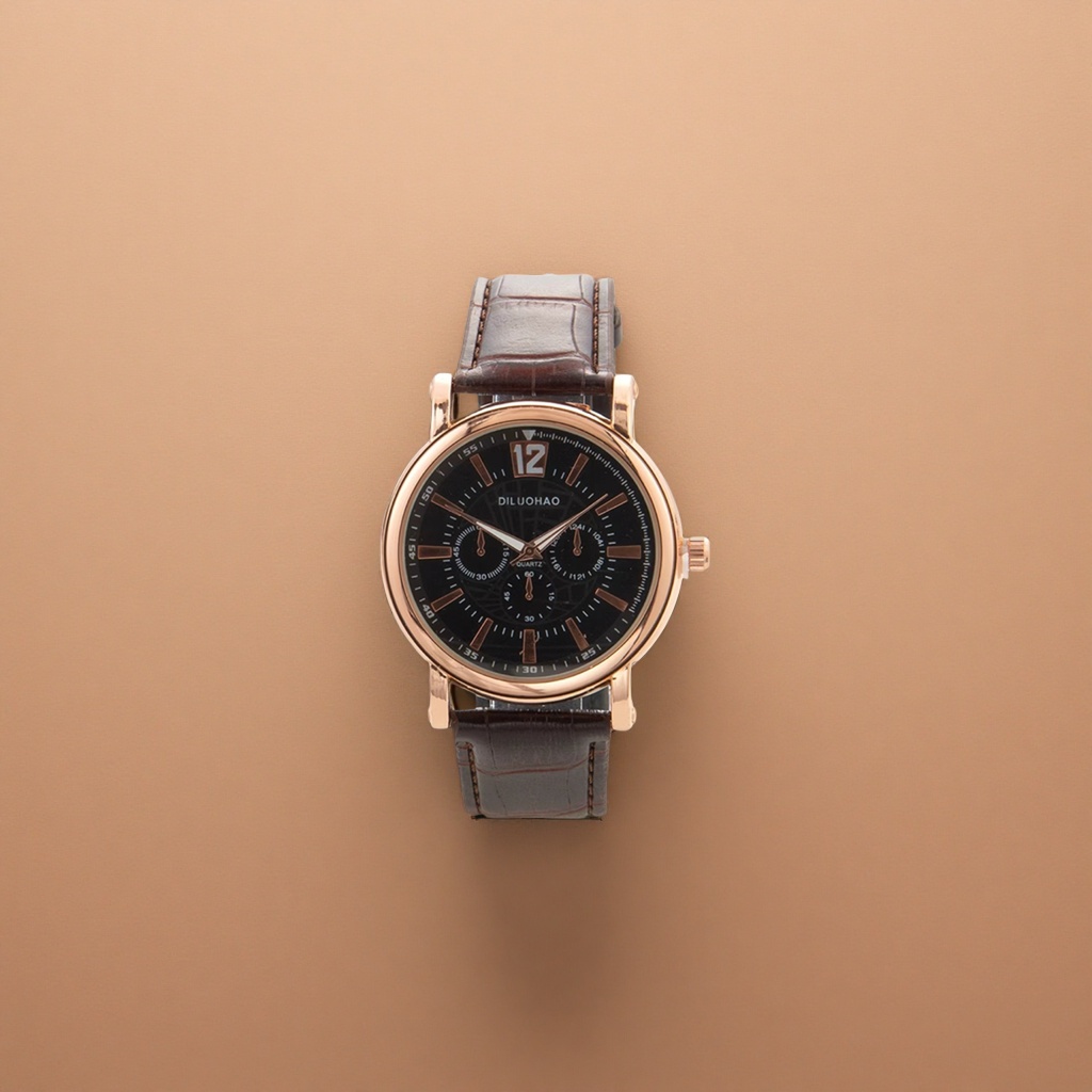 A rose gold case, black dial and brown leather strap watch Application Scenario