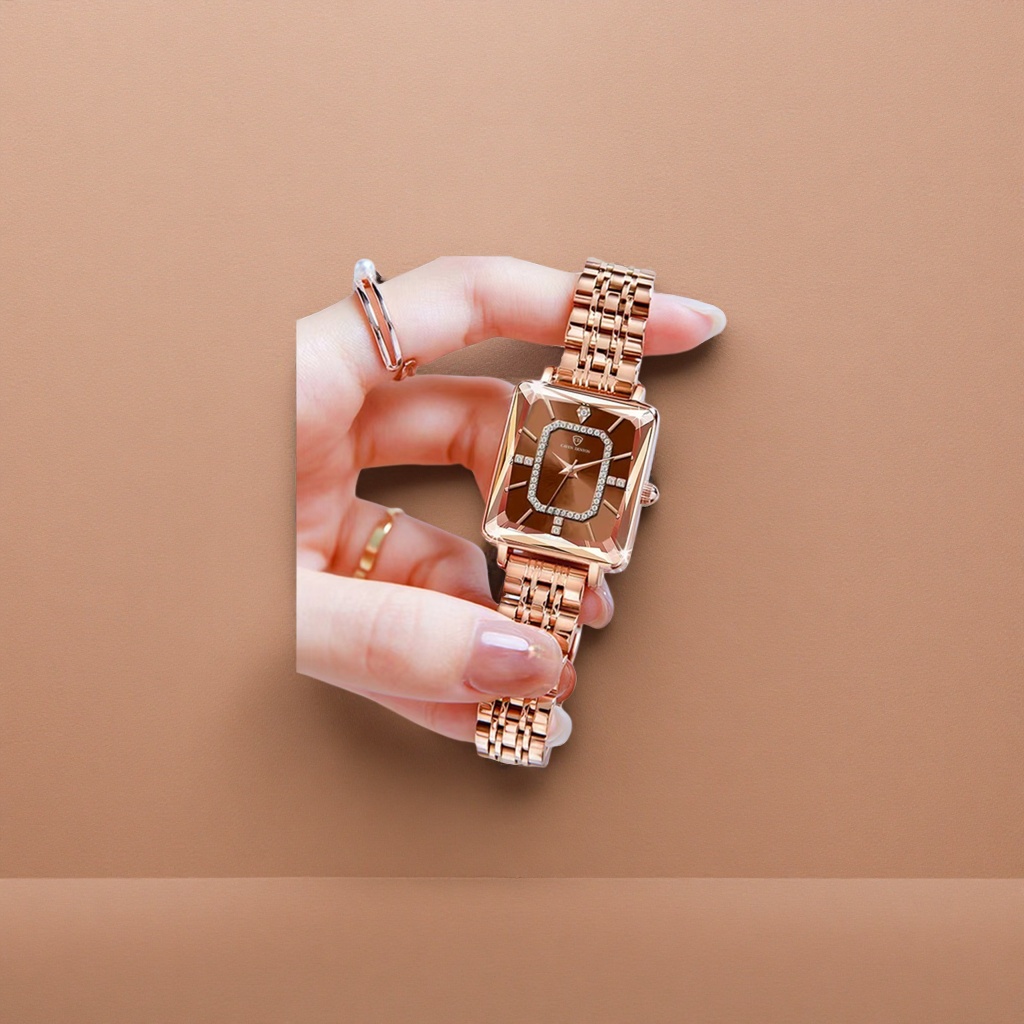Rose gold square quartz watch for ladies, simple and fashionable
