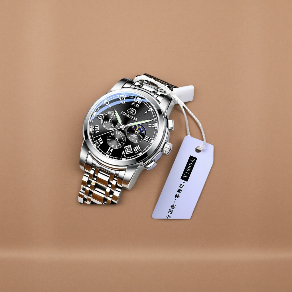 A silver metal watch with a black Roman numeral moon phase display details Picture