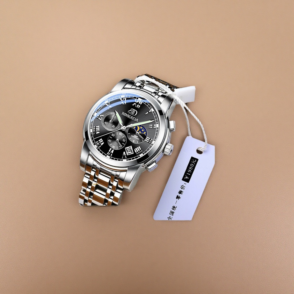 A silver metal watch with a black Roman numeral moon phase display Specification image