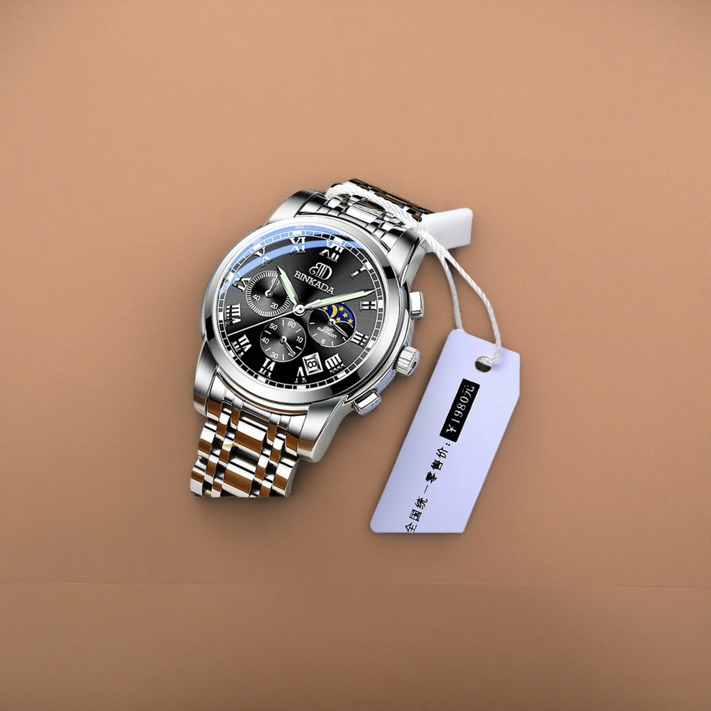 A silver metal watch with a black Roman numeral moon phase display Application Scenario