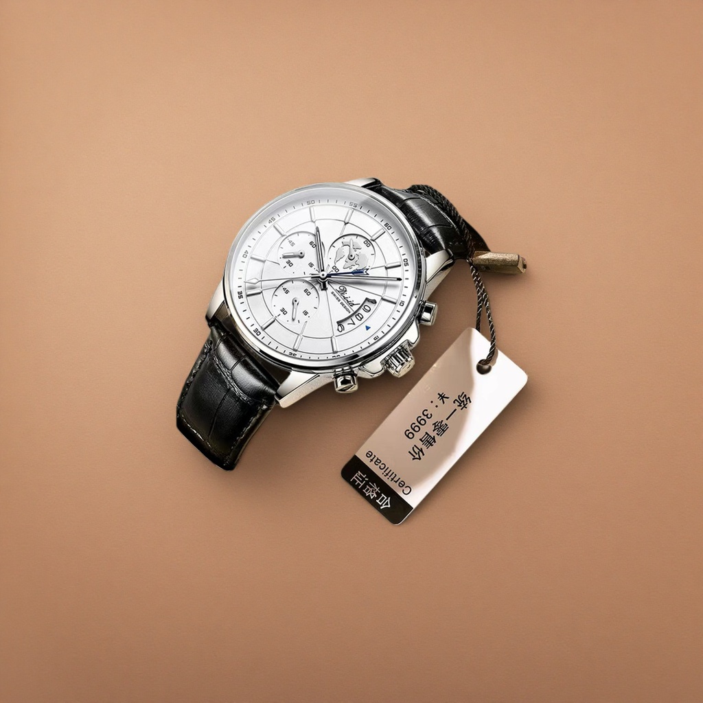 Men's quartz watch with a silver case and black leather strap Application Scenario