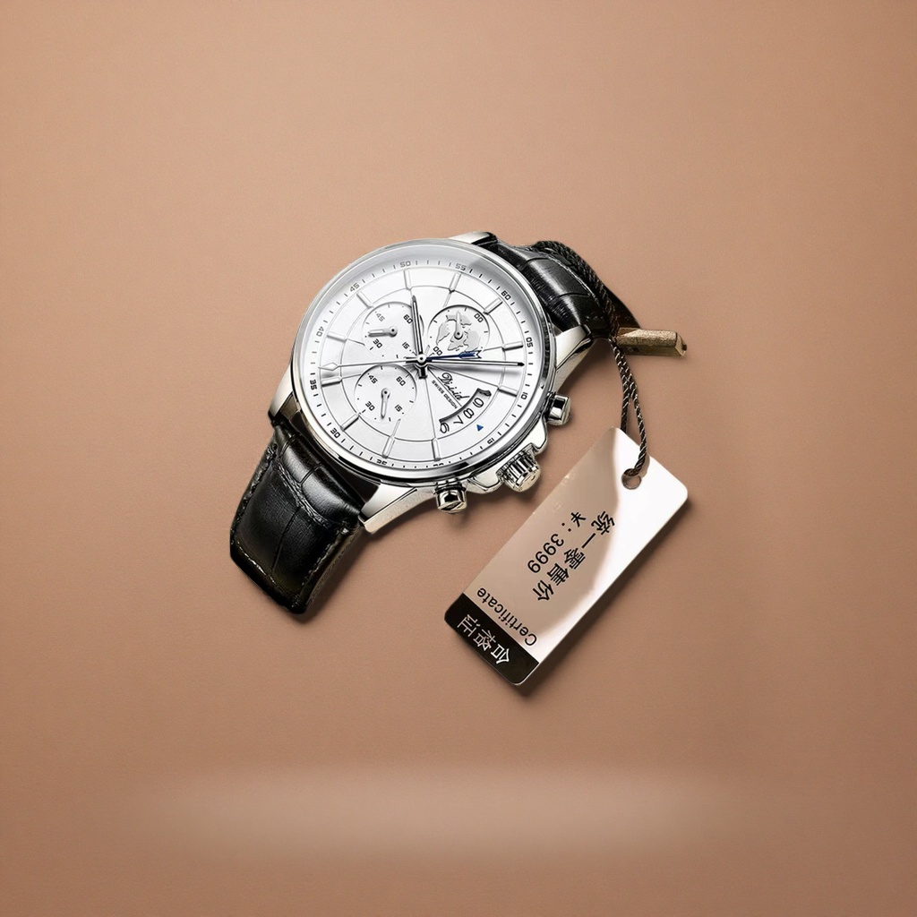 Men's quartz watch with a silver case and black leather strap Specification image