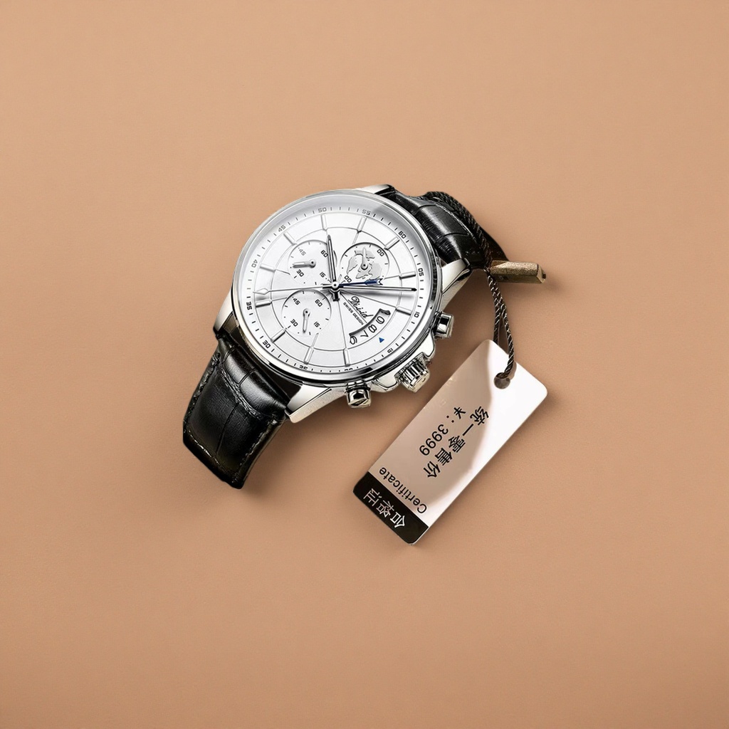 Men's quartz watch with a silver case and black leather strap details Picture